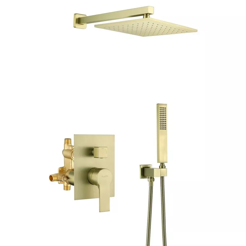 1-Spray Patterns with 2.66 GPM 10 in. Wall Mount Dual Shower Heads with Rough-In Valve Body and Trim in Brushed Gold