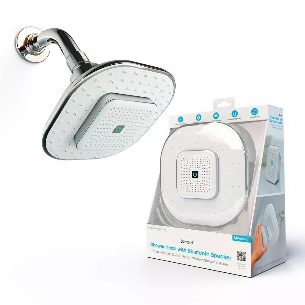 7.3 in. 1-Spray Bluetooth Wall Mounted Shower Head with Detachable Rechargeable Wireless Speaker in Polished Chrome