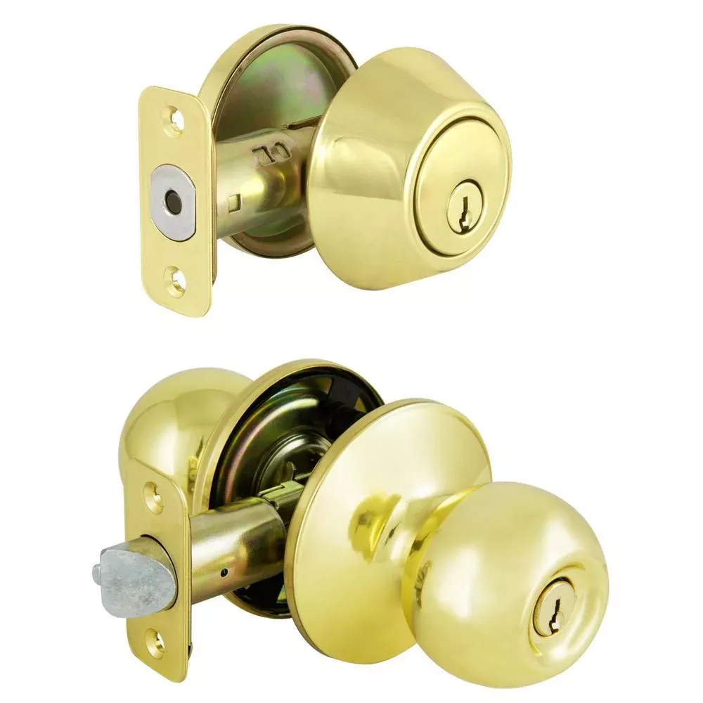 Saturn Polished Brass Entry Knob and Single Cylinder Deadbolt Combo Pack with SC1 Keyway